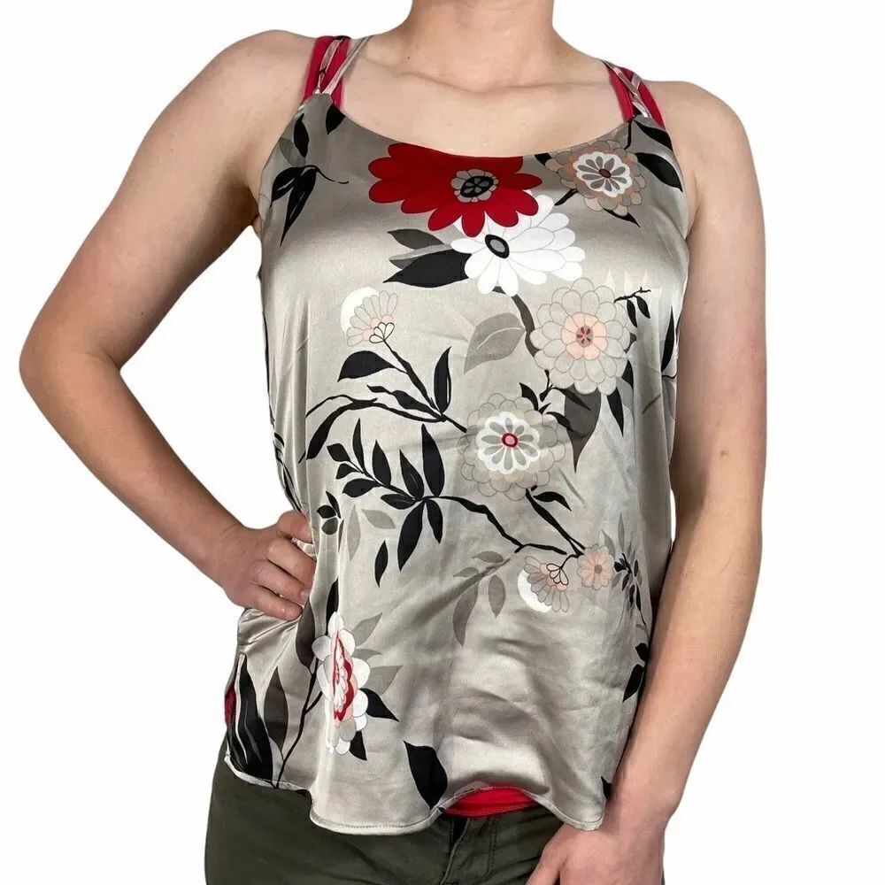 Loft Gray Floral Silk Spaghetti Strap Top